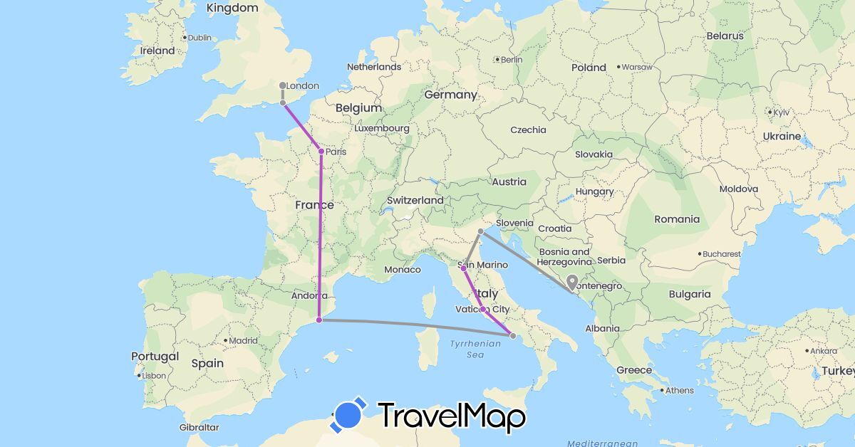TravelMap itinerary: driving, plane, train in Spain, France, United Kingdom, Croatia, Italy (Europe)